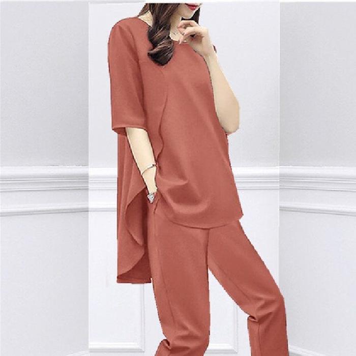 Summer Korean Style Plus-Size Loose-Fit Slimming Suit Short Sleeves Top Casual Seven-Half Pants Women's 2-Piece Set Trendy