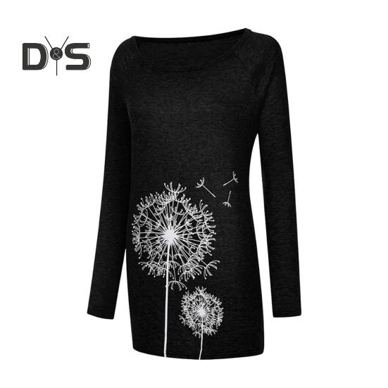 Women's Plus Size Tunic Top Dandelion Print Longline Shirt Crew Neck Long Sleeve Pullover Tee Casual Loose Fit Blouse for Work Daily Life
