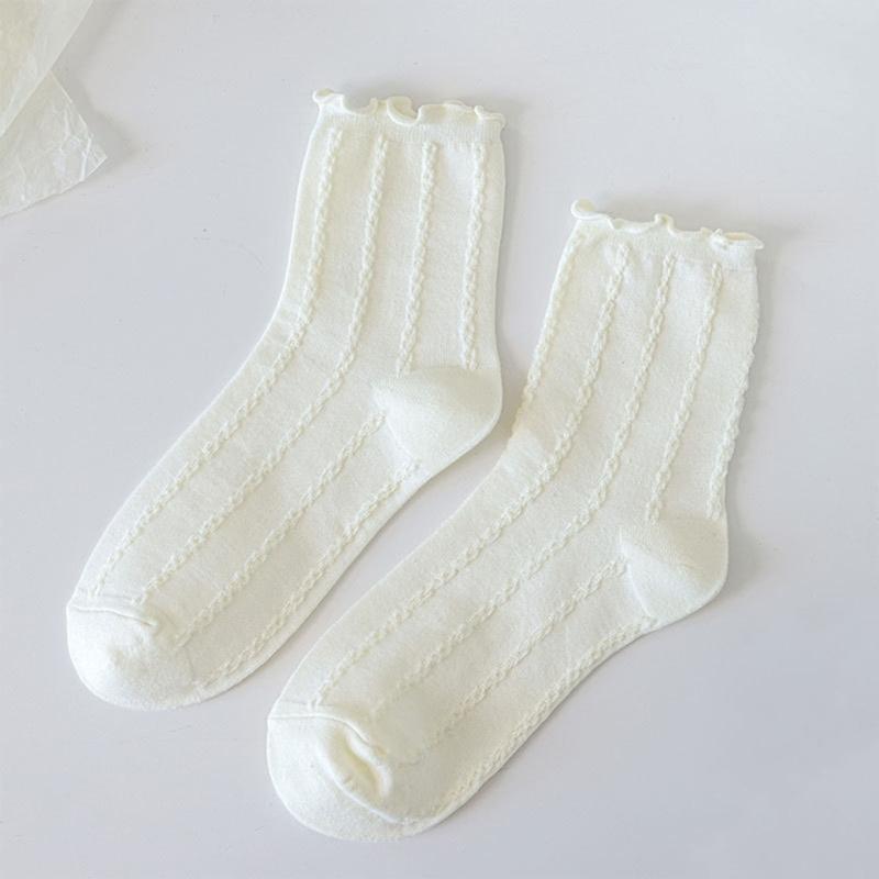 JK Girl Ruffle Lace Trim Cotton Ankle Socks Jacquard Knit Frilly Socks for Women