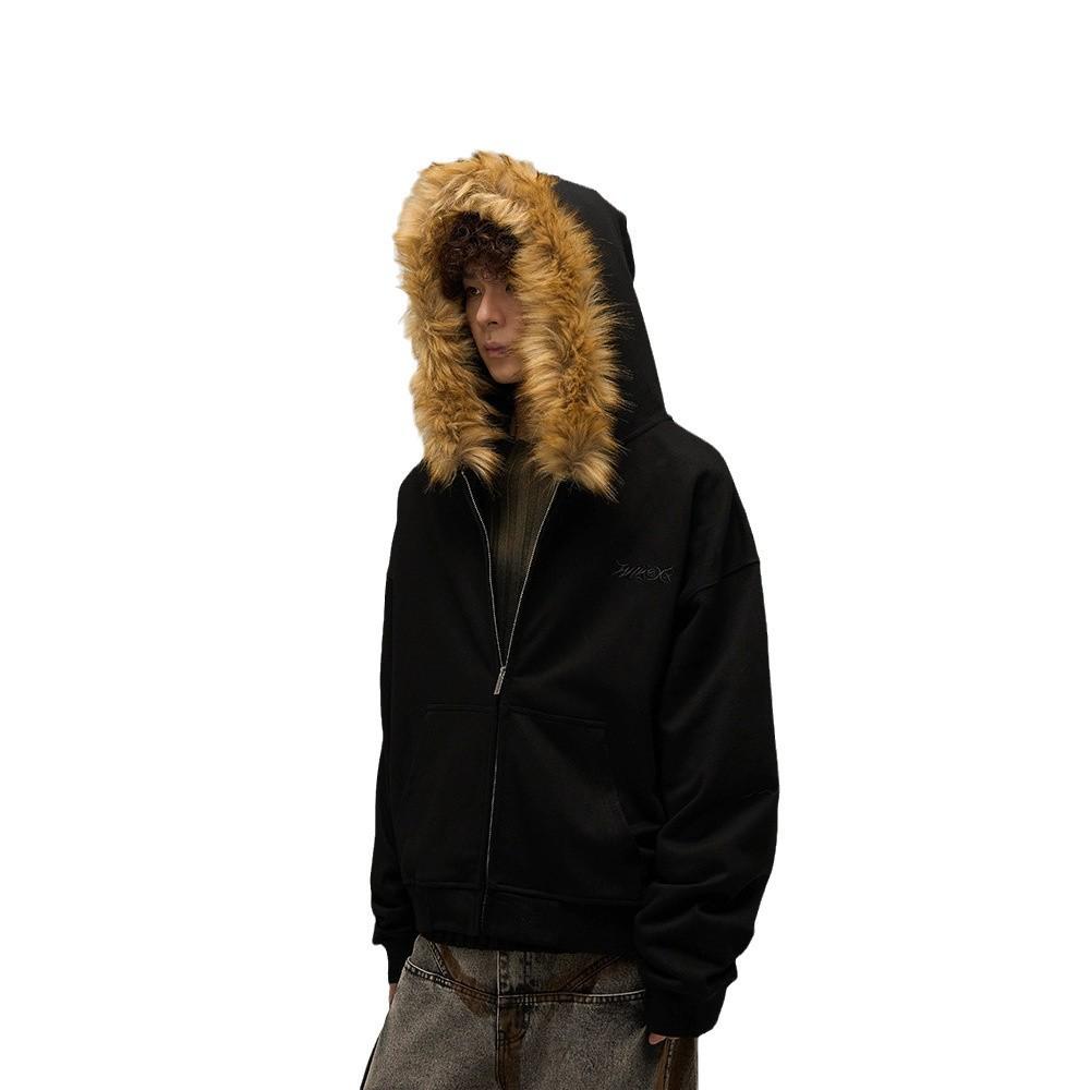 American Retro Oversized Fur Collar Couple Hoodie Cardigan
