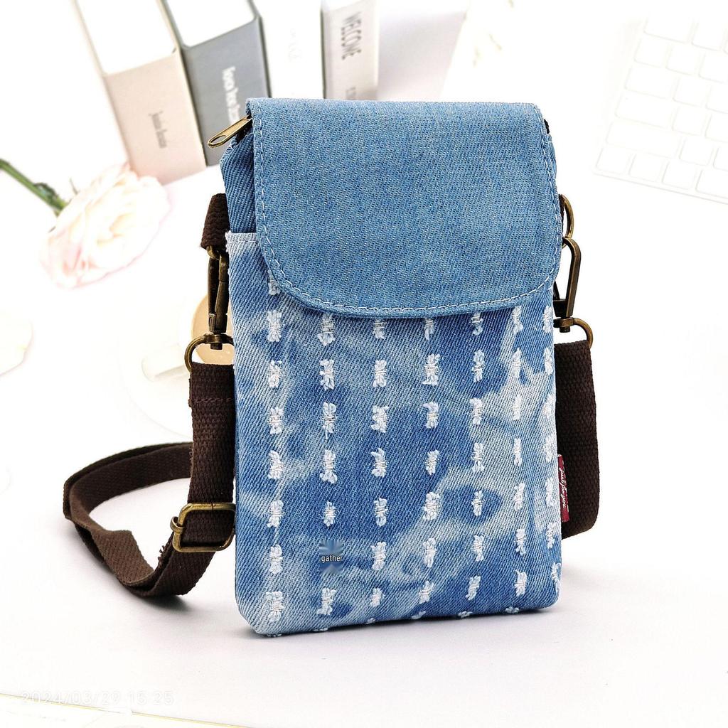 Denim Ripped Crossbody Small Bag - Cloth Art Large Screen Mobile Phone Bag