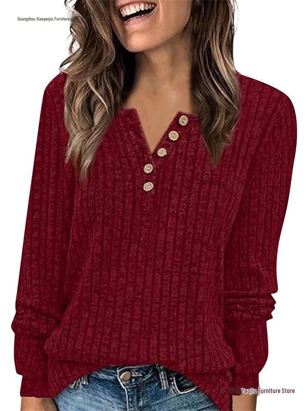 Women's Round Neck Ribbed Patchwork Solid Color Button T-shirt