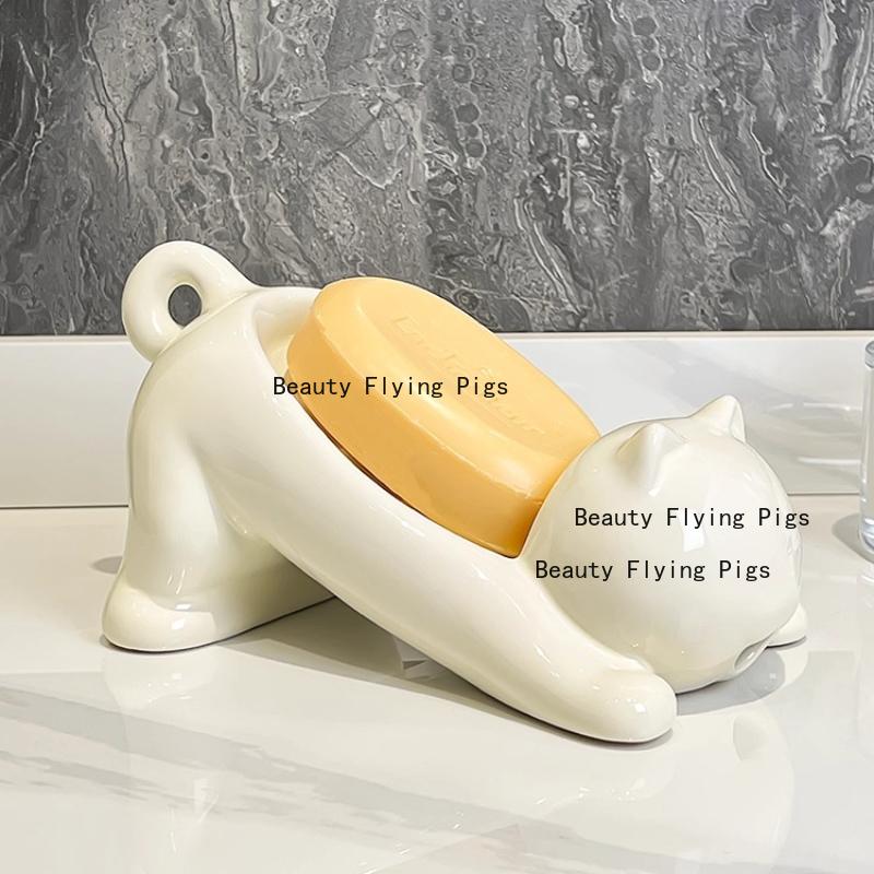 Ceramic Cat Soap Dish Cartoon Soap Storage Box Ceramic Premium Drain Soap Box Handwashing Table Ornament with Drainage Holes