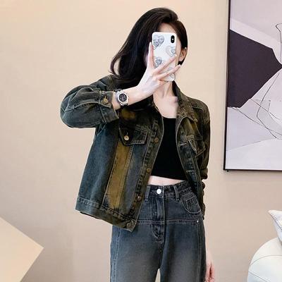 Spring and Autumn Women's Denim Jacket Vintage POLO Collar Jacket Short Tops