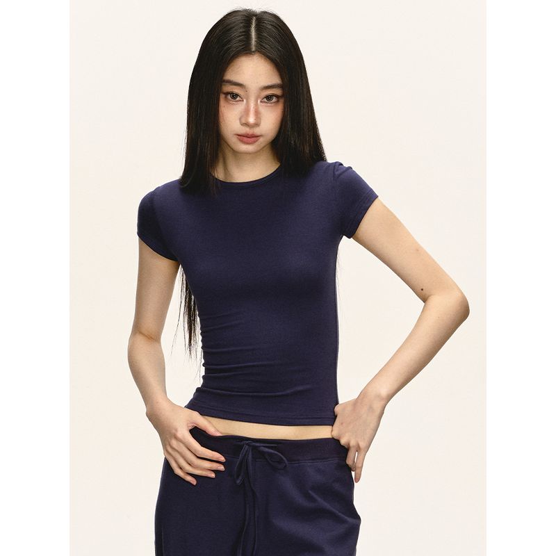 

Anna Aneae Ultra-Thin Soft Suit Women s Summer One Set Shoulder Short Sleeve T-shirt Casual Two-Piece Pants Tide Navy blue Tops XS