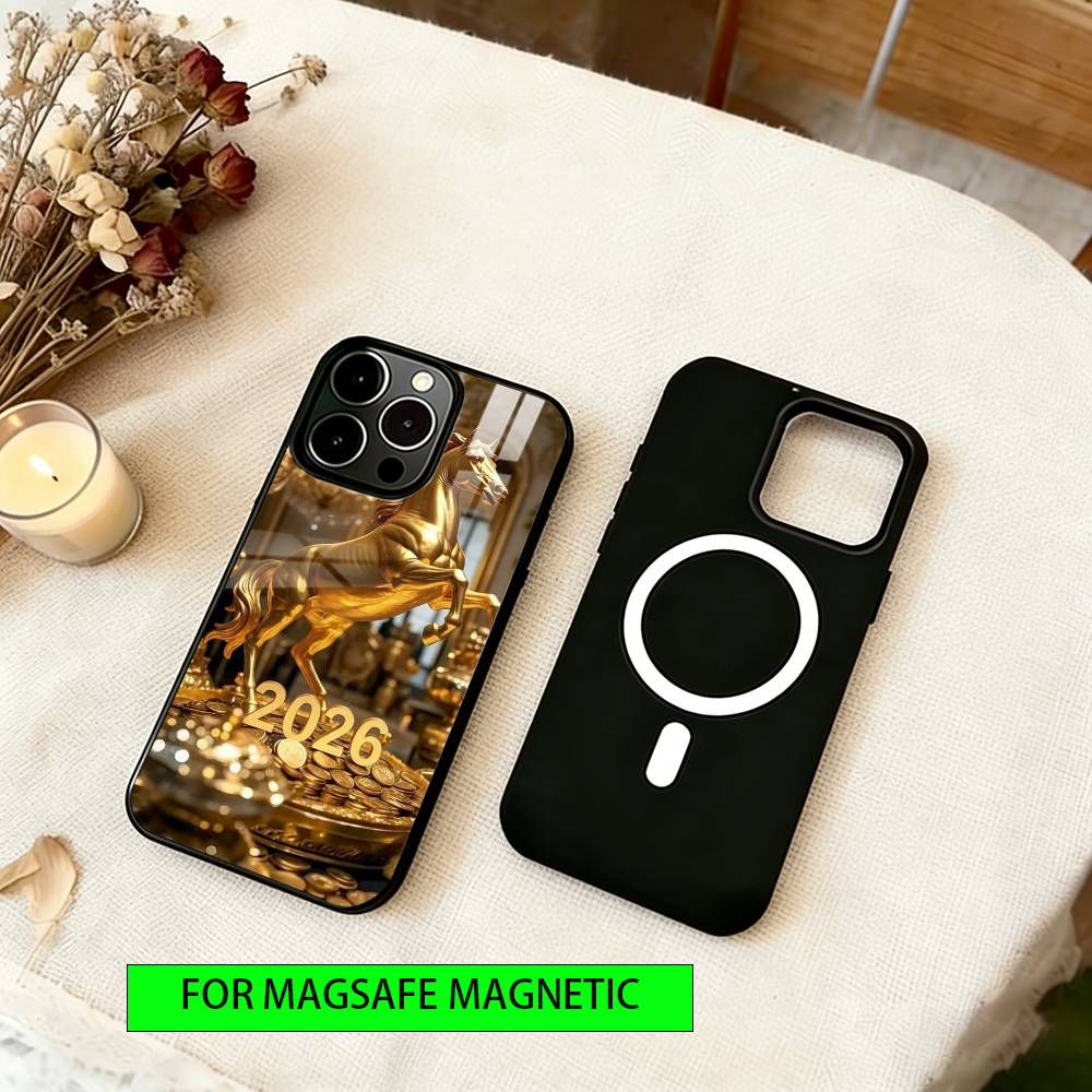Golden Horse Phone Case For iPhone17,16,15,14,13,12,11 Plus,Pro Magnetic For Magsafe Wireless Charging