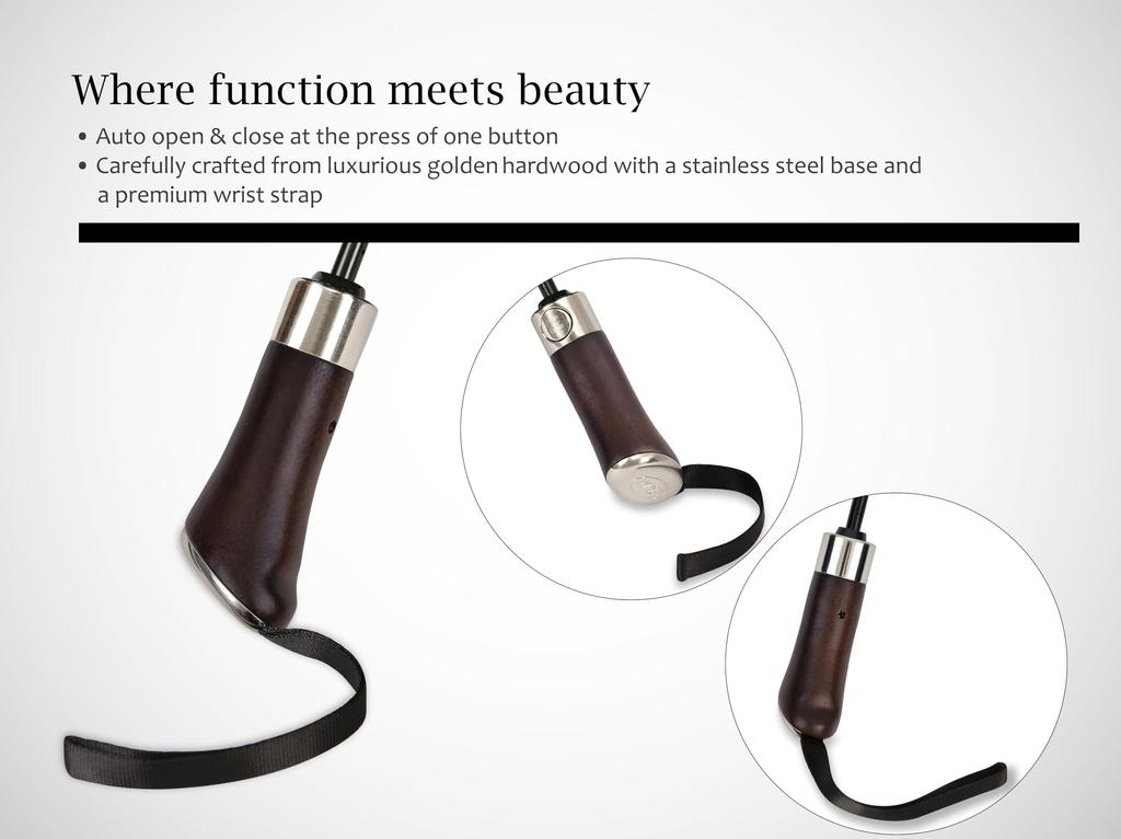 Balios Travel Umbrella with Luxurious Golden Rosewood Auto Windproof Single Automatic Folding Umbrella for Men and Women Jet Black Handle, Open/Close,