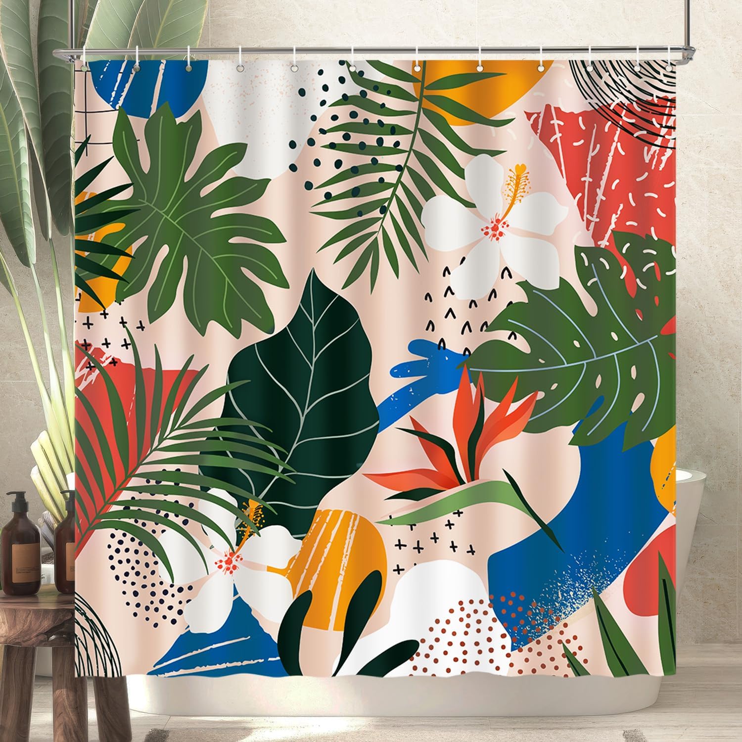 

Tropical Leaf Shower Curtain Palm Monstera Flowers Abstract Pattern Bath Decor Waterproof Fabric Boho Summer Style Home 90x180cm35x71in