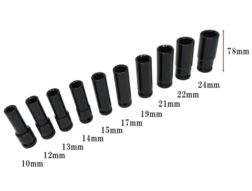 1/2" Impact Socket Set, Deep Sockets for Impact, 10mm, 12mm, 13mm, 14mm, 15mm, 17mm, 19mm, 21mm, 22mm, 24mm, with Case, Surface Contact