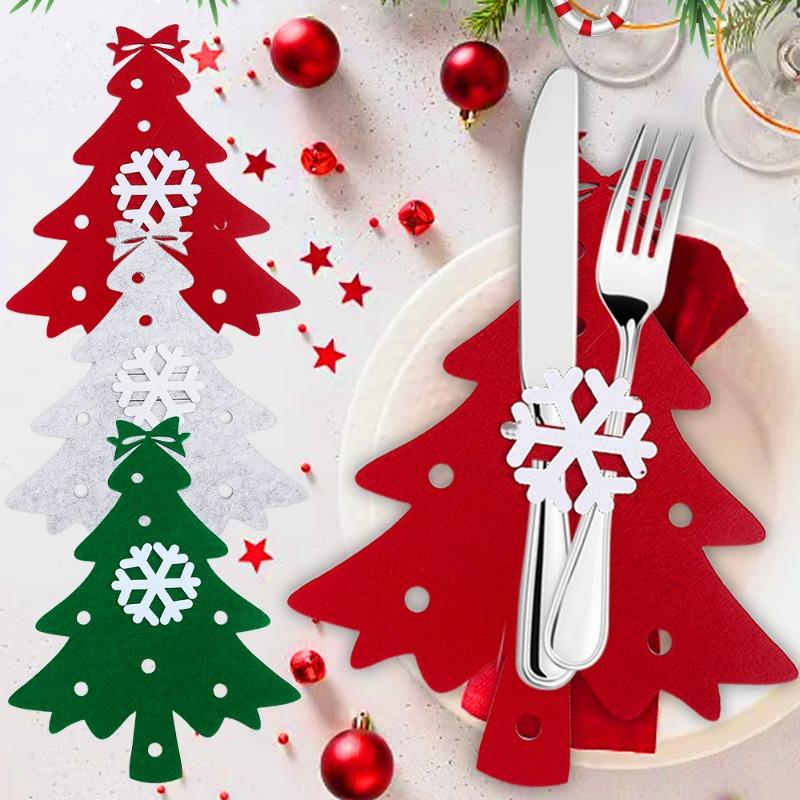 4/20PCS Christmas Fork Knife Covers Cutlery Holders Xmas Tree Pocket Tableware Holder Bags Home Party Dinner Table Felt Decor