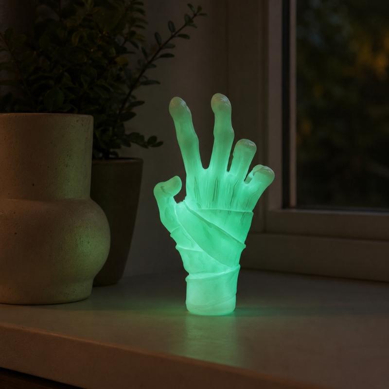 Window Sill Hand Figure, Seasonal Display Piece With Night Shine Finish, Stable Base, and Shelf to Corner Placement for Home or Party Use