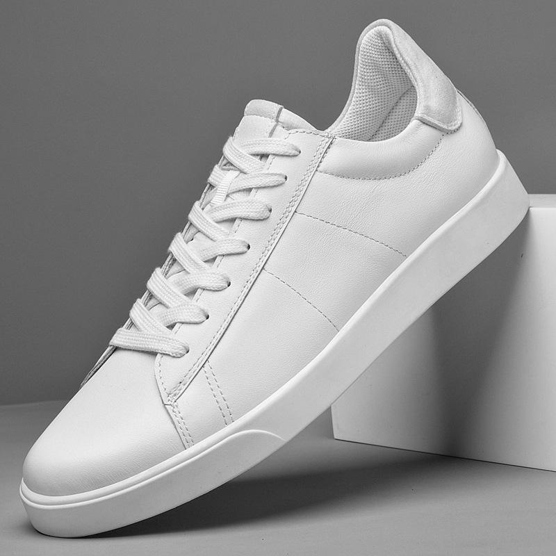 2026 Men's Genuine Leather White Low-Top Skate Shoes - Versatile, Breathable, and Trendy with Thick Sole