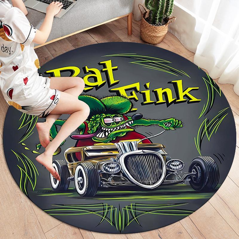 Rat Fink Round Area Rug,Carpet Rug for Living Room Bedroom Sofa Playroom Decor,Non-slip Floor Mat