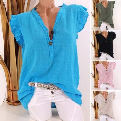 Women Blouse Ruffled Sleeve Loose V Neck Casual Cotton And Linen