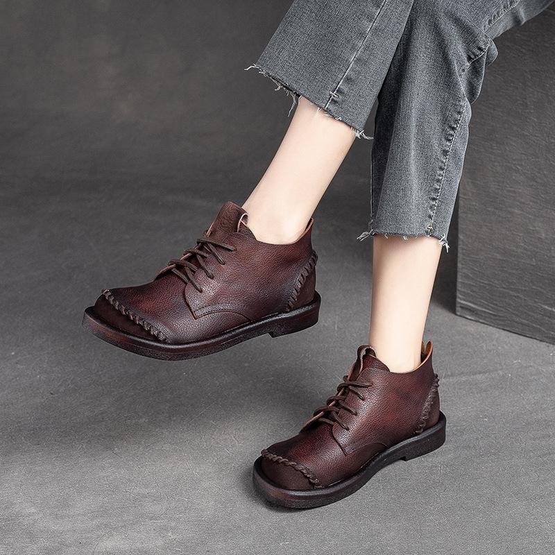 Fashion GKTINOO Square Toe Lace Up Thick Soled Boots For Women Platform Ankle Boots Genuine Leather Autumn Luxury Sewing Causal Shoes