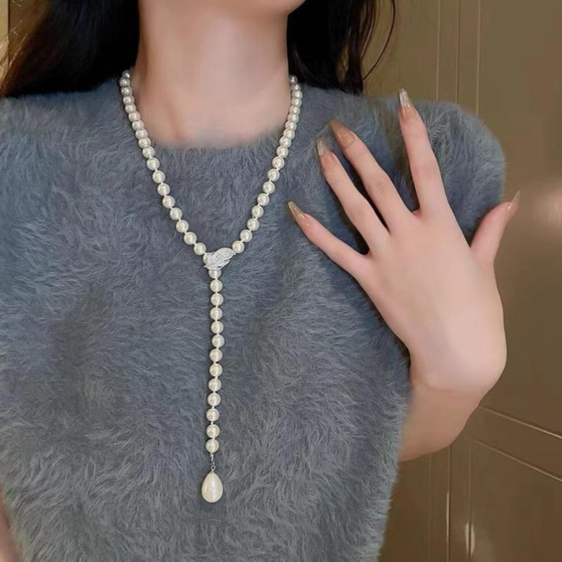 Luxury Long Pearl Tassel Necklace for Women Zircon Leaf Water Drop Shape Pearl Pendent Sweater Chains Elegent Daiy Wear Jewelry