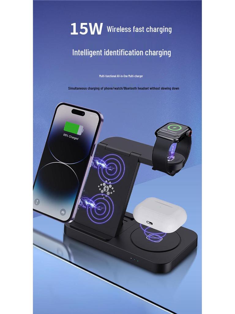 Încărcător Wireless Pliabil 3-în-1 pentru Telefoane Apple & Samsung, Căști și Ceasuri