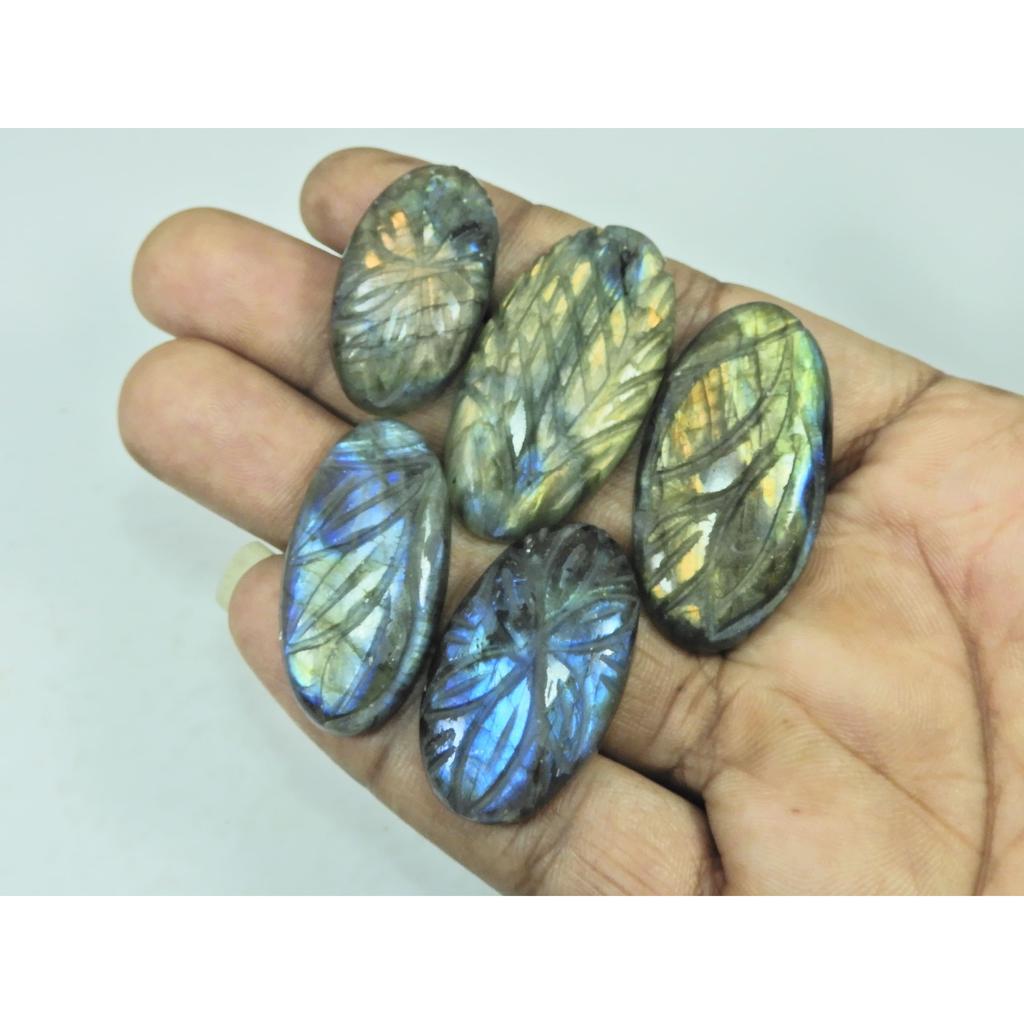 194Cts. Natural Labradorite Carving Oval Cabochon Loose Gemstone 05 Pcs Lot C-3803