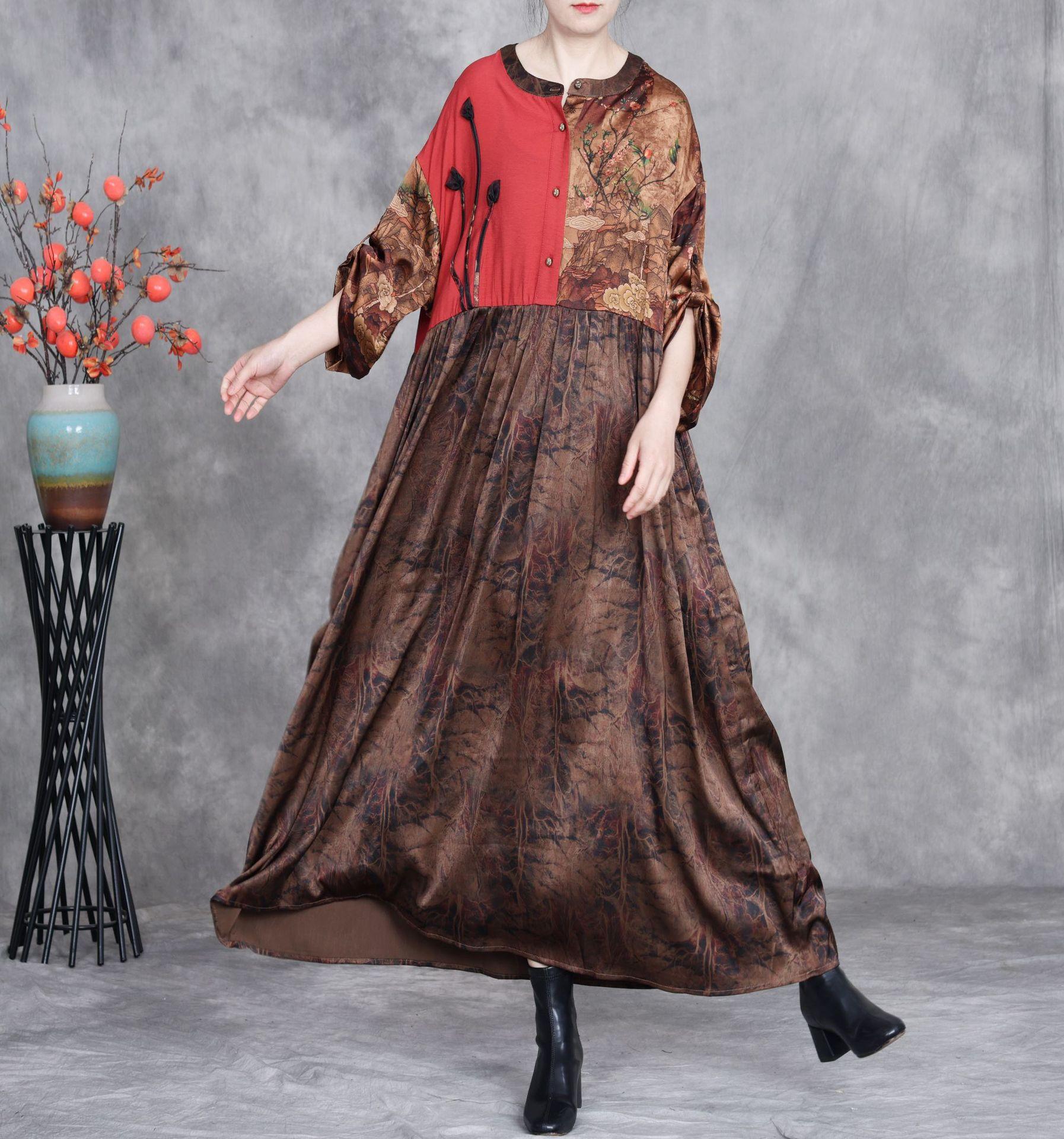 

Johnature Women Vintage Patchwork Color High Quality O-Neck Long Sleeve Spring Loose Button Dresses One Size