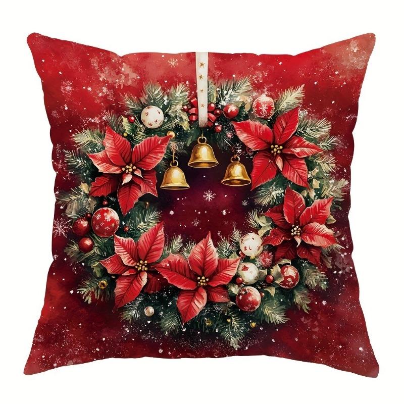Christmas Pillow Cover, Skin-Friendly, Santa Snowman Wreath Pattern, Holiday Sofa Decor