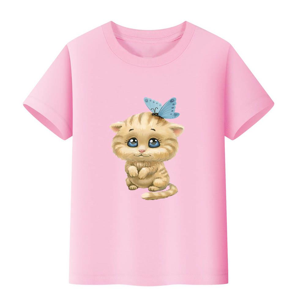 100% Cotton Girls' T-shirt Cute Cat and Penguin 2D Print Short-sleeved Casual Top for Children, Suitable for Both Boys and Girls