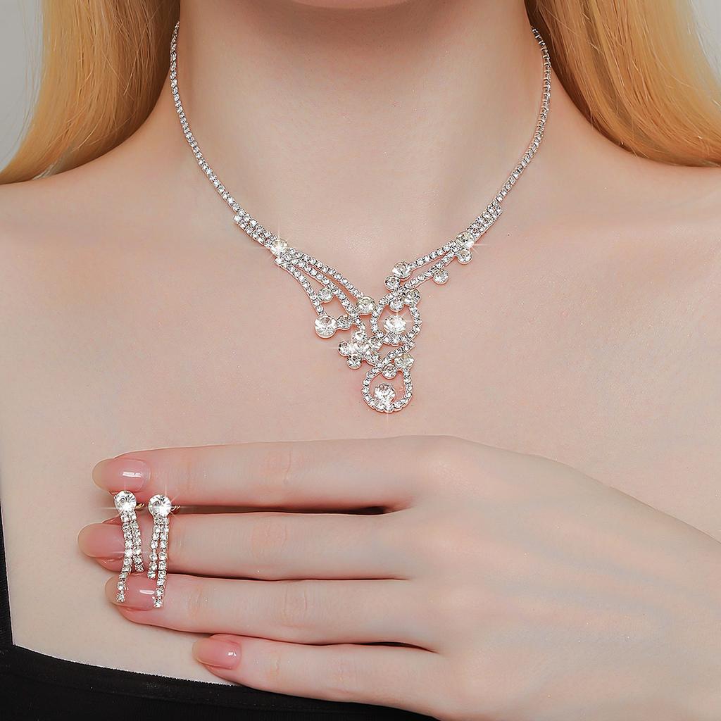 3PC women's fashionable rhinestone necklace earrings Zircon set, suitable for weddings, parties, and holiday gifts