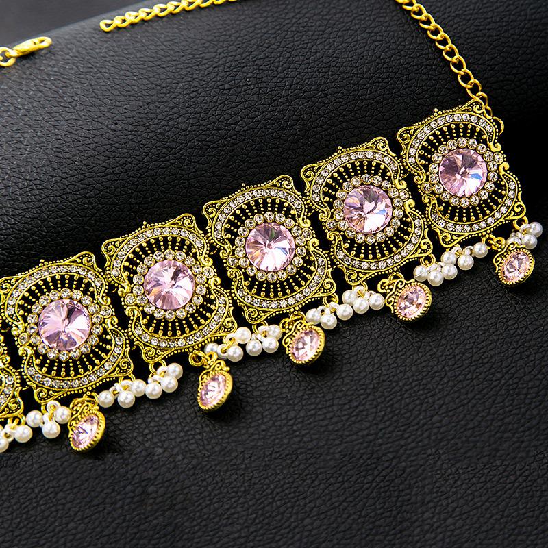 Vintage Gold Gemstone Necklace & Ring Set with Diamond Tassel