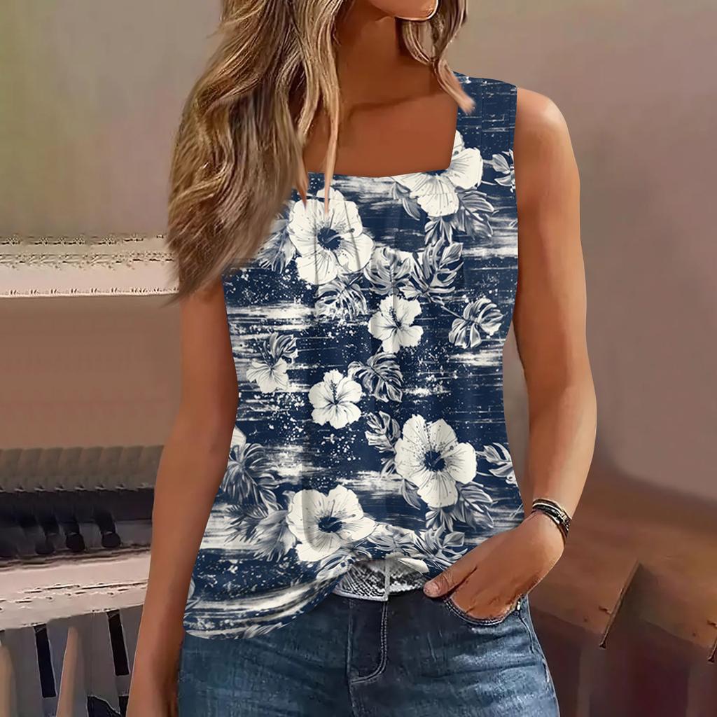 Dámské letní ležérní plisované tílko bez rukávů se čtvercovým výstřihem s potiskem