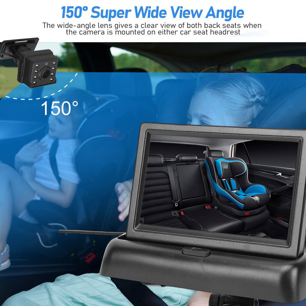 1080P Car Baby Camera with 4.3 Inch Foldable Screen Night Visible 150 degrees Wide View Angle for Backseat Monitoring
