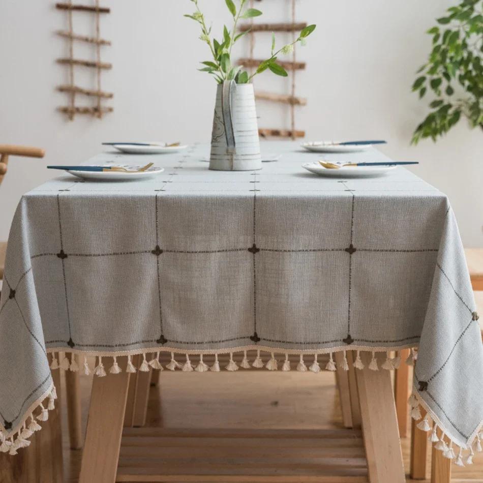 Cotton Linen Embroidery Tassel Tablecloth,Grey Large Square Dust-Proof Table Cover,for Kitchen Dinning Coffee Tabletop Decor