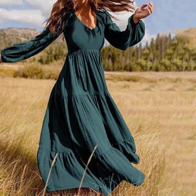 Elegant Dress V Neck Floor-Length Skin-touch Charming Autumn Solid Color Ruffle Large Hem Maxi Holiday Dress Female Clothing