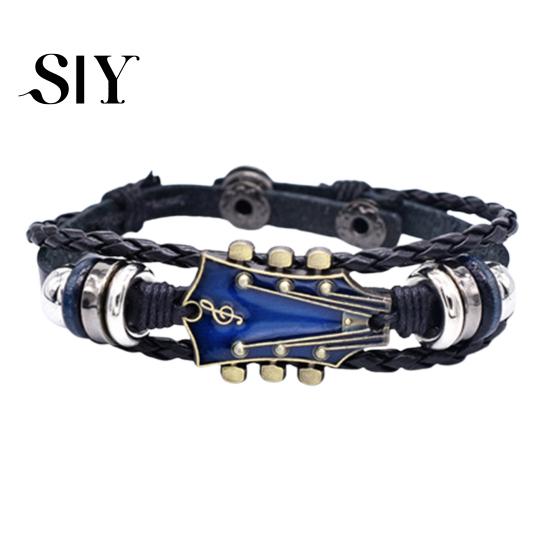 Guitar Cuff Braided Bracelet Zinc Alloy Adjustable Buckle Manual Woven Rock Music Bangle Faux Leather 3-layered Punk Retro Wrist Jewelry Shape