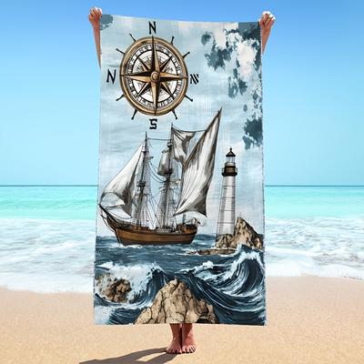 1pc Modern Style Nautical Ship Design Beach Towel, Large Summer Beach Blanket for Pool Parties, Swimming, Camping, Travel
