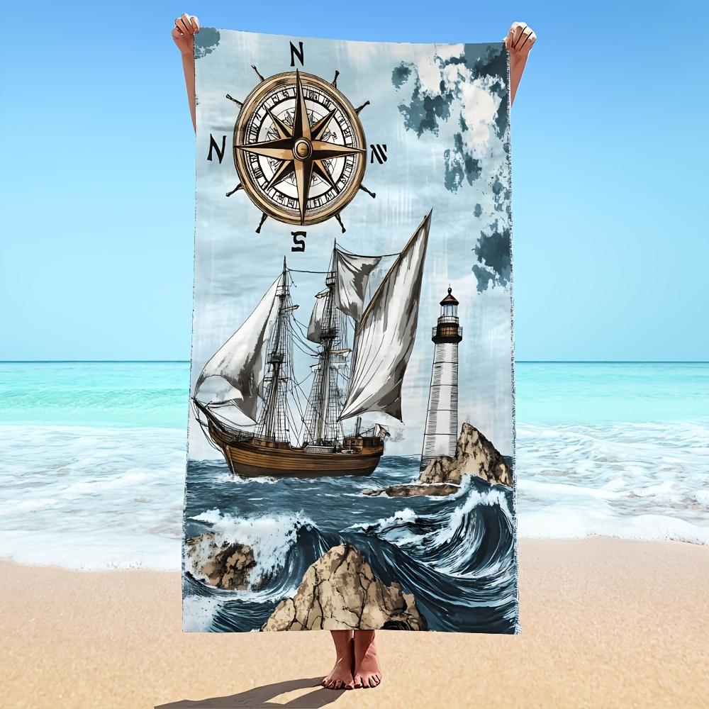 Shanika Chen 1Pc Modern Style Nautical Ship Design Beach Towel, Large Summer Beach Blanket For Pool Parties, Swimming, Camping, Travel