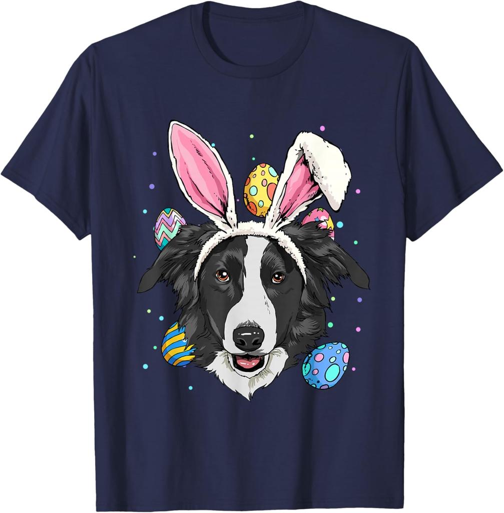 Border Collie Bunny Easter Eggs Dog Lover Graphic Tee Men Casual Trip T-Shirt