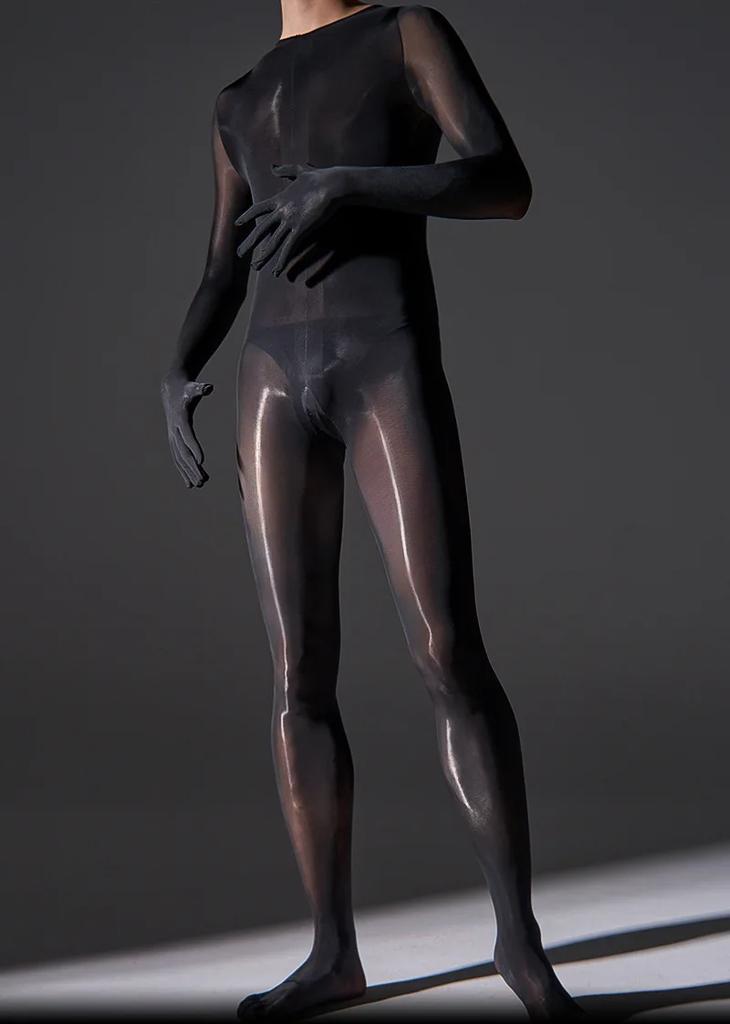 Oil Shiny Jumpsuits Men Full Mesh Body Stockings Glossy Pantyhose Male Ultra Thin Tights Sheer Bodysuits Gay Man Erotic Lingerie