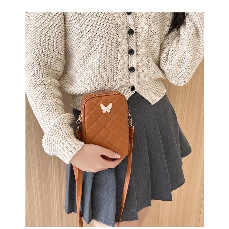 Quilted Mini Crossbody Bag Korean Style Floral Embroidered Phone Purse with Butterfly Detail