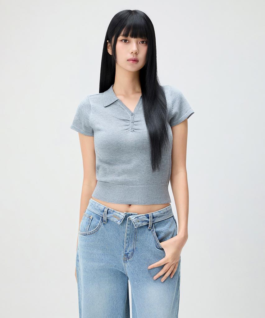 MIXXO Open Collar Button Detail Short Sleeve Knit_Miwkag624T