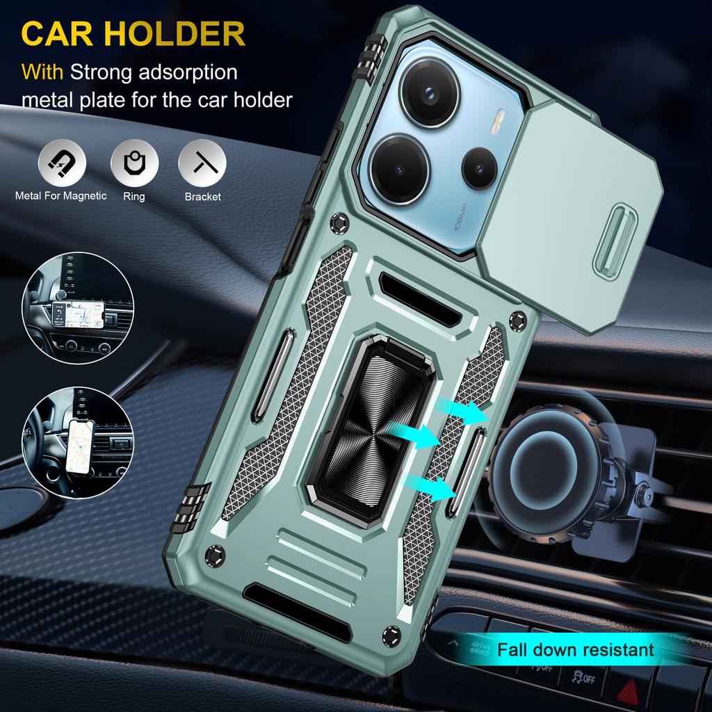 For Xiaomi Redmi Note 14 4G (163.25mm)/14 5G Case Kickstand Slide Lens Lid PC+TPU Drop