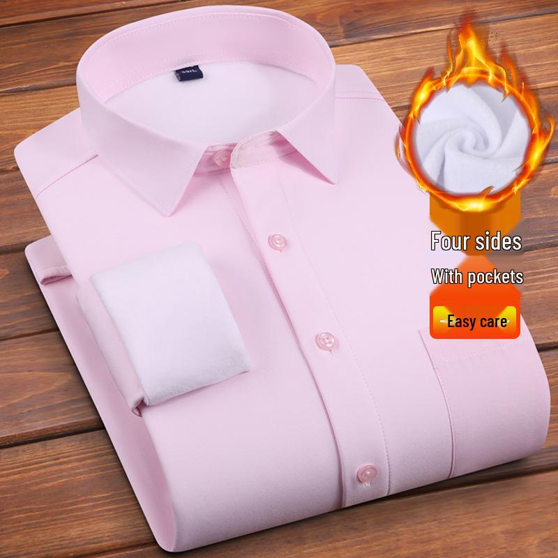 Men's Winter Plus Velvet Stretch Business Shirt - Cozy One-Piece, Solid Color, Thickened for Comfort