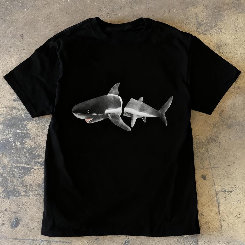 Injured Shark Graphic Print Autumn Pure Cotton Men's and Women's T-shirt Short Sleeve Street Fashion Trend Clothing