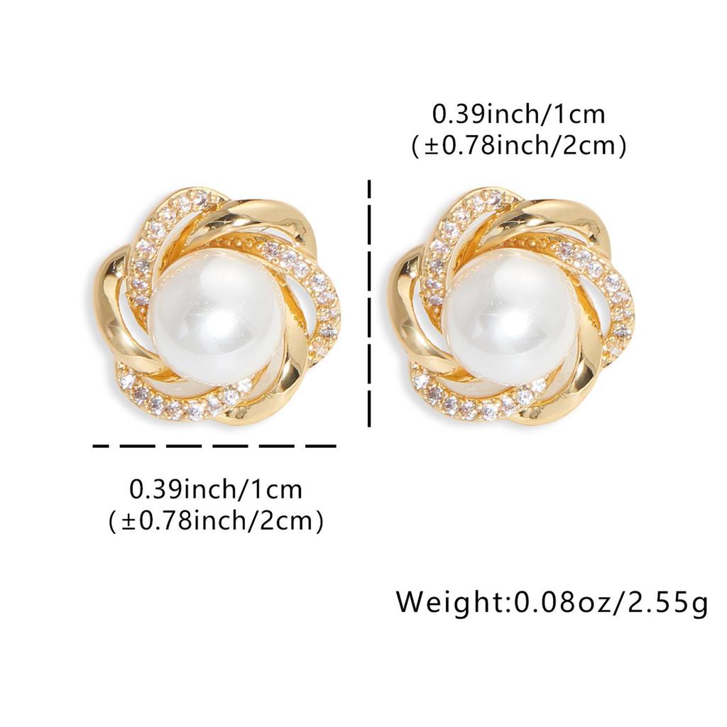 Copper Wrapped Faux Pearl & Cubic Zirconia Gold Stud Earrings for Women