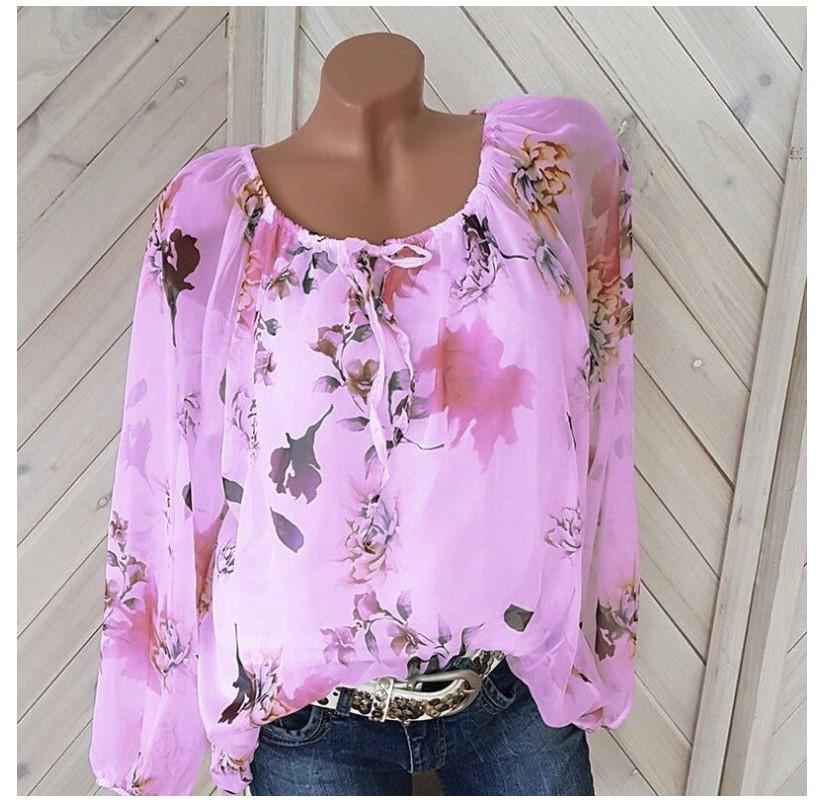 Fashion Women's All-Match Sexy One-Neck Printed Loose Chiffon Shirt Long Sleeve Top