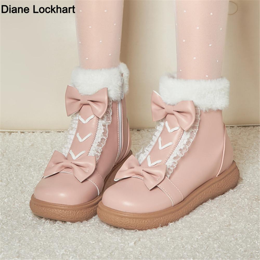 Fashion Faux Fur Winter Lolita Girl's Boots PU Leather Warm Plush Boots Anti-slippery Vintage Fashion Plush Boots For Big Girls 31-43
