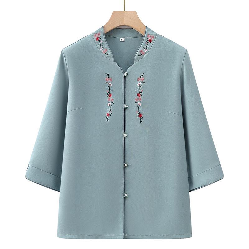 

Chinese Style Embroidered Summer Shirt for Elderly Women 2XL (100-115 jin) синій