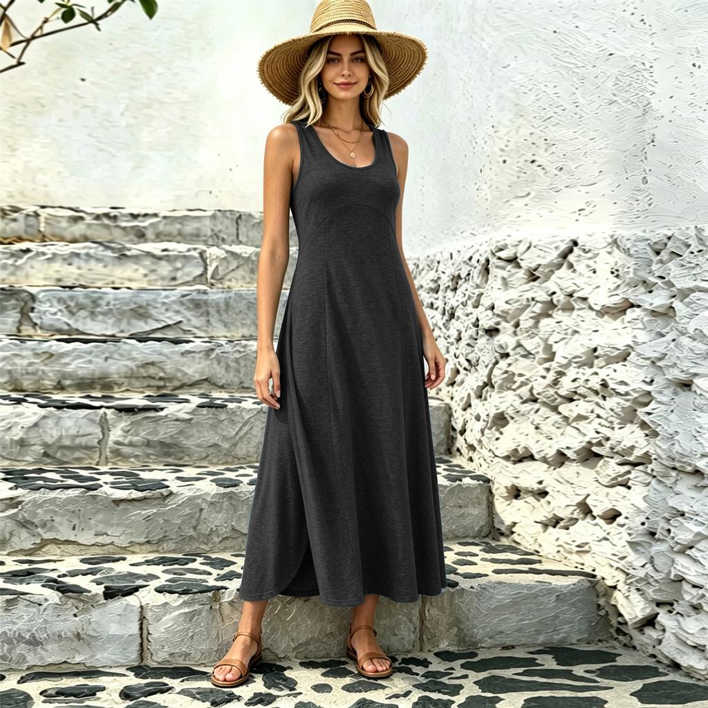 Women's Casual Long Flowing U-Neck Sleeveless Dress for Everyday Wear