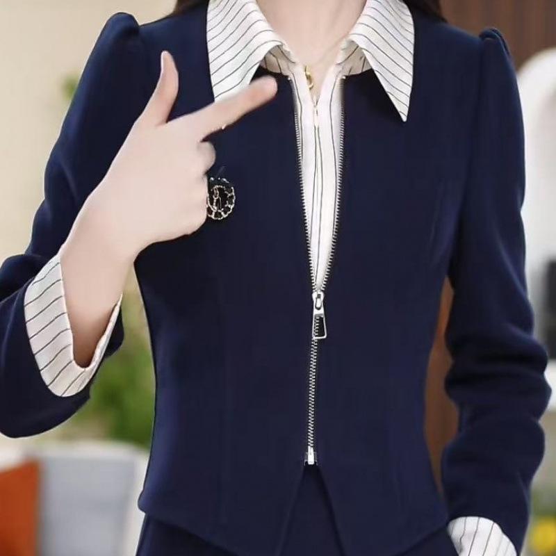 

2025 Spring/Autumn Women s Light Luxury Lapel Mid-Length Patchwork Dress with Faux Three-Piece Design M (95-105 cm) темно-синий