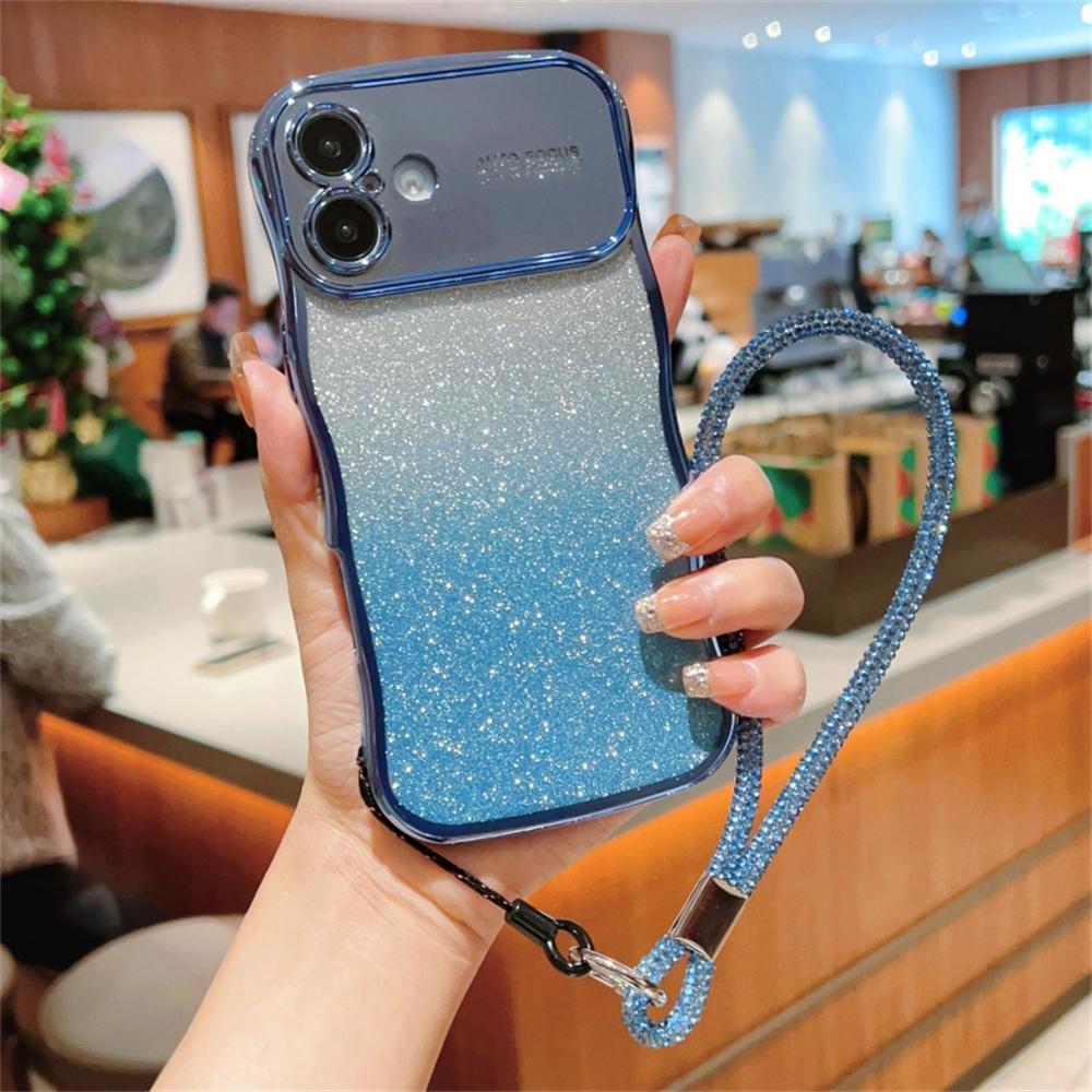For iPhone 16 Case with Strap Gradient Glitter Electroplating TPU Phone Cover