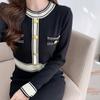 Elegant Knitted Dress Women Contrast Color O-neck Long Sleeve Buttons Mini Bodycon Dresses Korean Style Office Lady Clothes