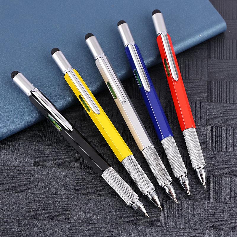 Six-in-One Multifunctional Metal Ballpoint Pen with Level, Scale, Screwdriver, and Capacitive Tip.